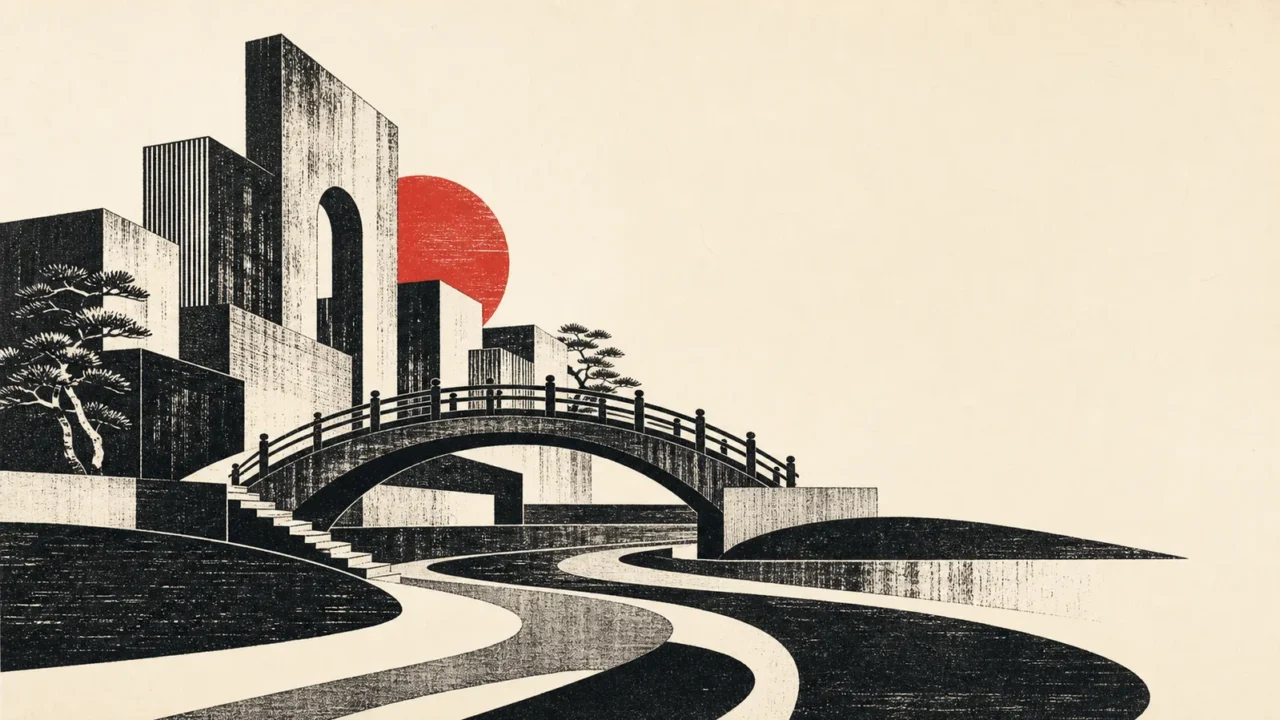 黑白木刻城市与桥梁的协作路径插画