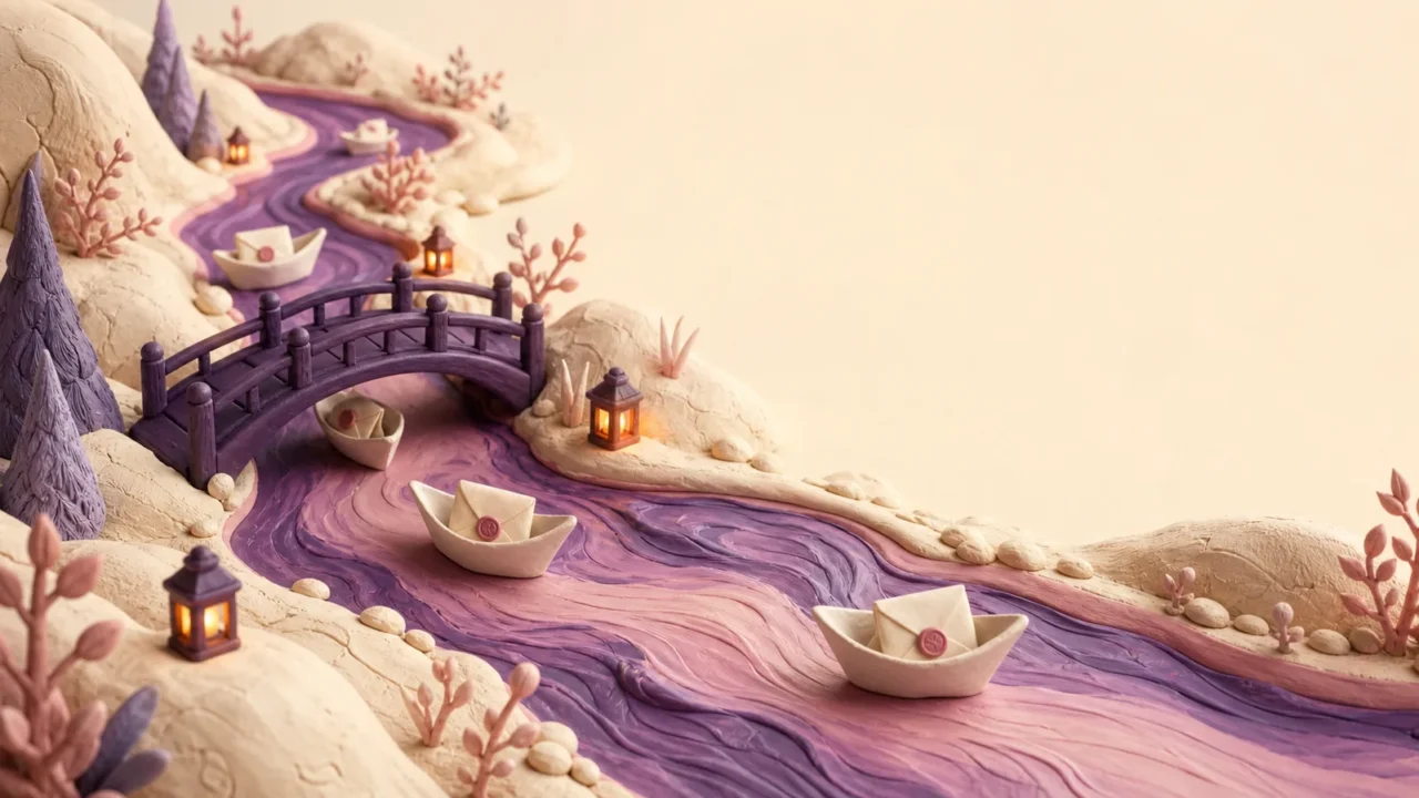 紫粉河流上的纸船与信封微缩黏土场景