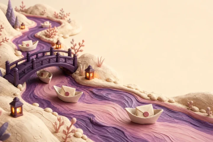 紫粉河流上的纸船与信封微缩黏土场景